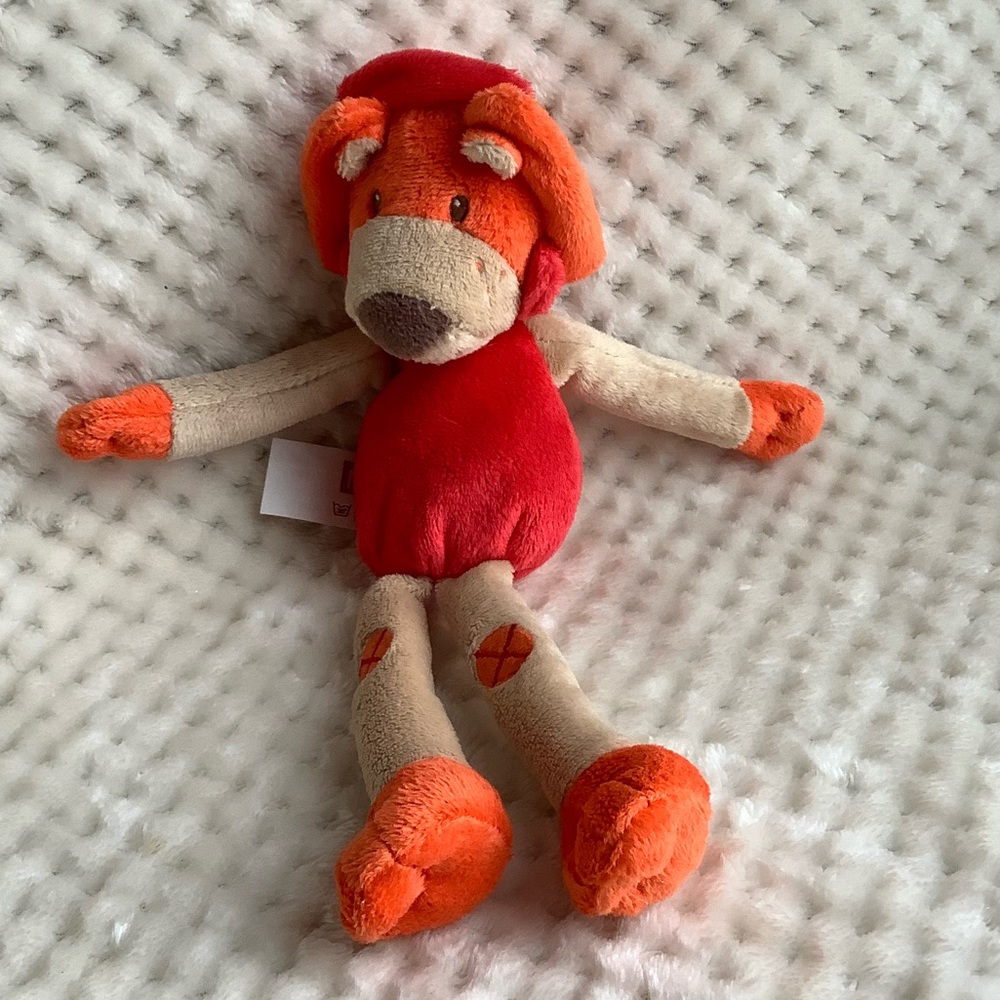 Nattou Orange and Tan Plush Lion Rattle Stuffed Animal Toy Embroidered Eyes